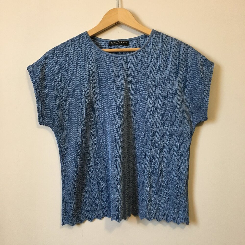 90s Fairygrunge Lana Lee Canadian Made Blue Plisse Zig-Zag Short Sleeve Top
